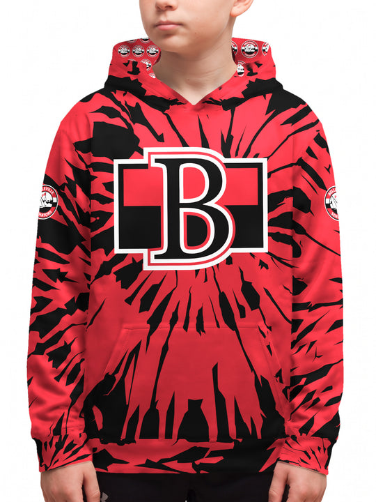Youth model wearing the Bench Clearers Belleville Senators Tie-Dye Youth Hockey Hoodie - front view