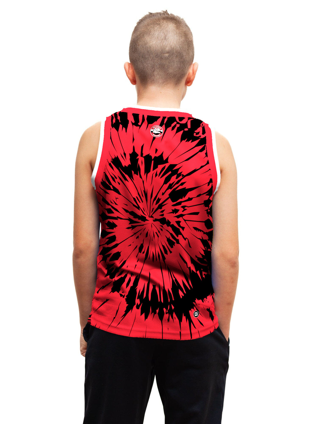 Youth model wearing the Bench Clearers Belleville Senators Tie-Dye Youth Hockey Tank - back view