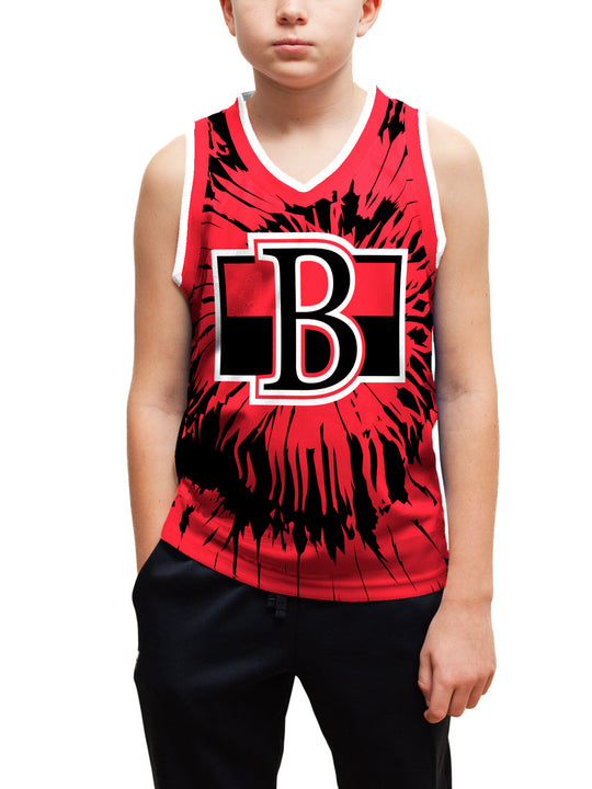 Youth model wearing the Bench Clearers Belleville Senators Tie-Dye Youth Hockey Tank - front view, hand in pocket