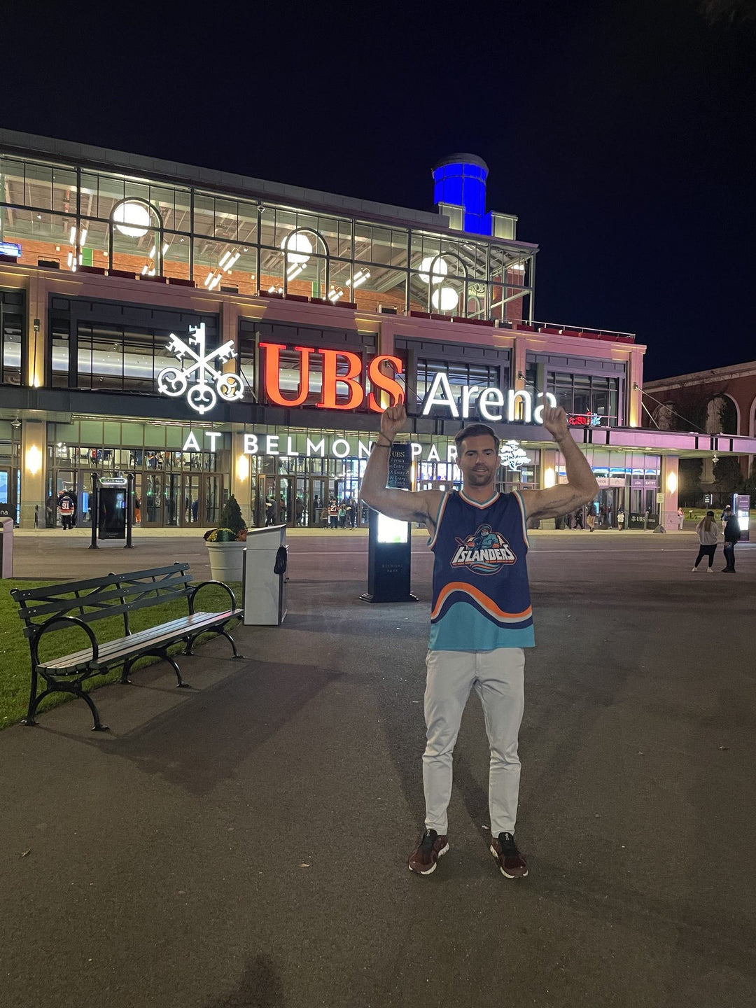 Bench Clearers New York Islanders Fisherman hockey tank outside UBS Arena at Belmont Park