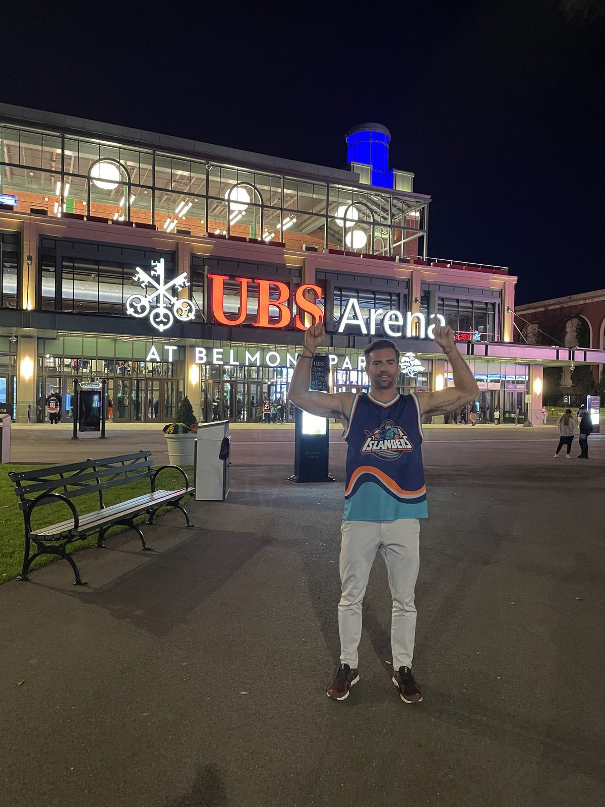 Bench Clearers New York Islanders Fisherman hockey tank outside UBS Arena at Belmont Park