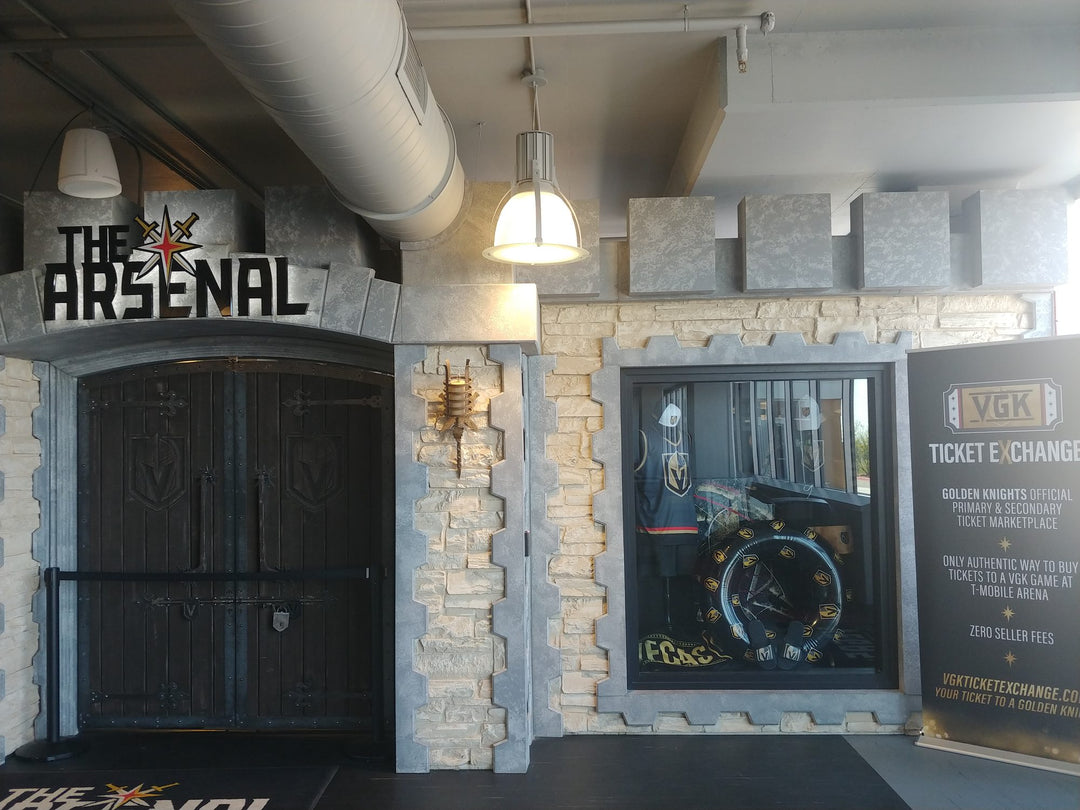 The Arsenal, the Vegas Golden Knights team store, with a Bench Clearers tank in the window display