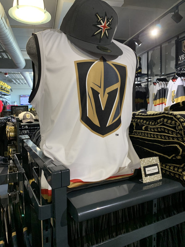 Bench Clearers Vegas Golden Knights white hockey tank on a mannequin at The Arsenal