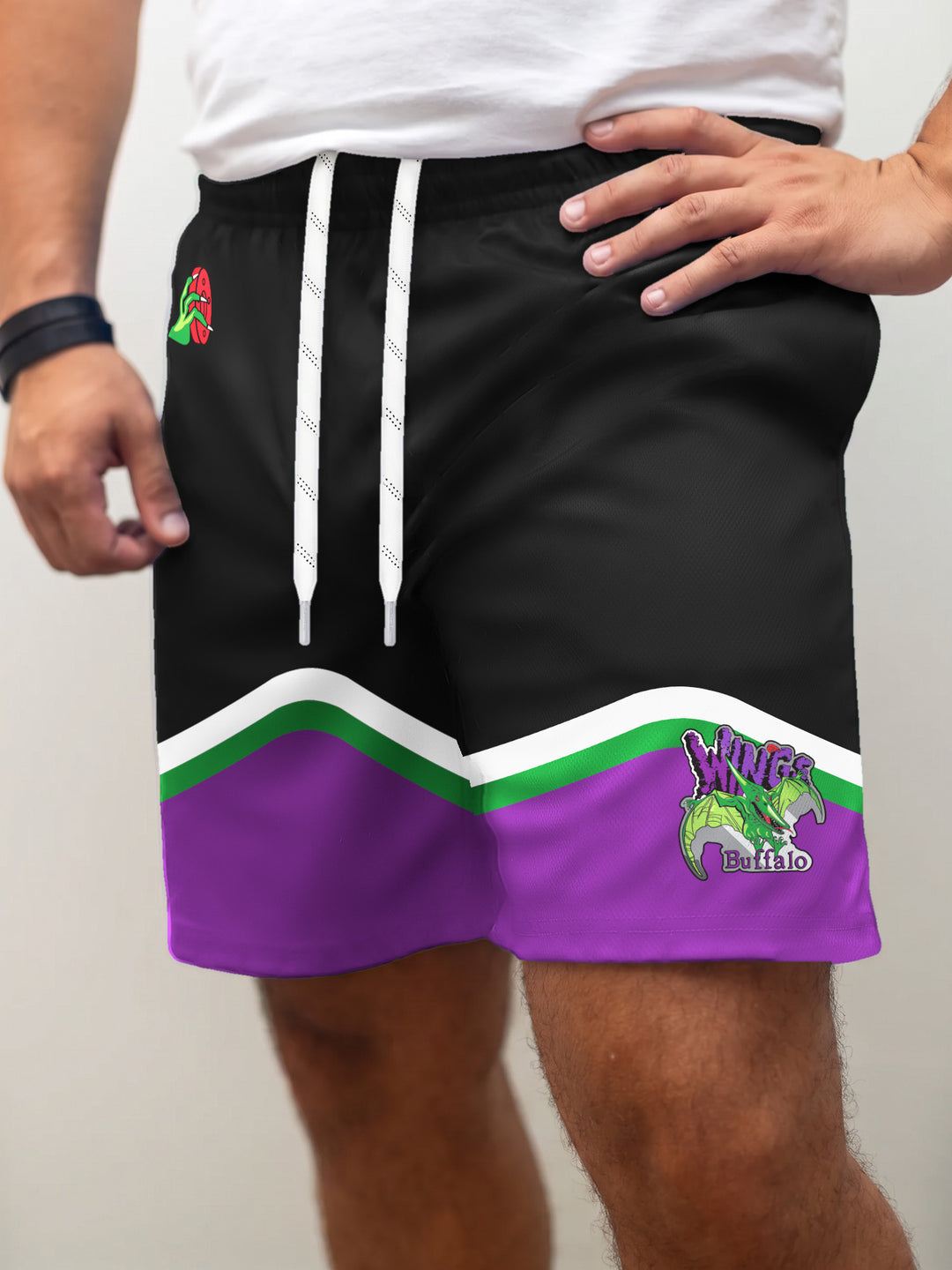 Model wearing the Bench Clearers Buffalo Wings Hockey Shorts - front view
