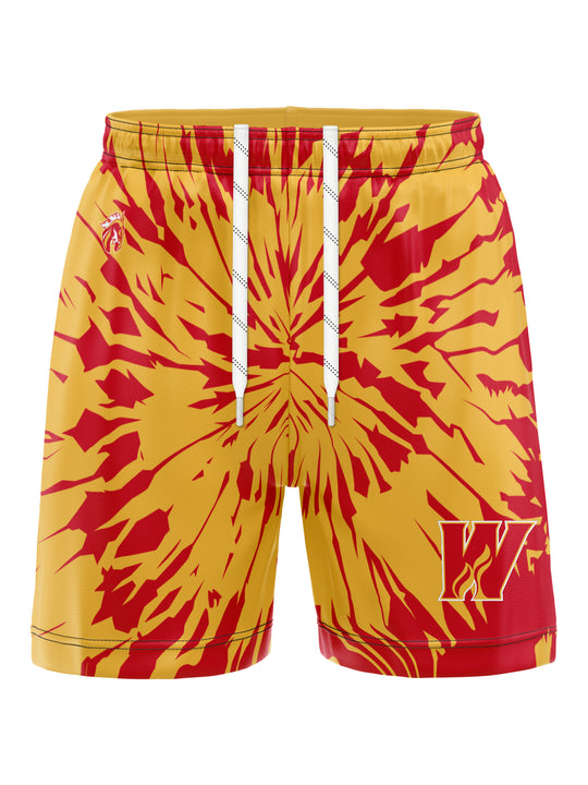 Bench Clearers Calgary Wranglers Tie-Dye Hockey Shorts - 3D FRONT