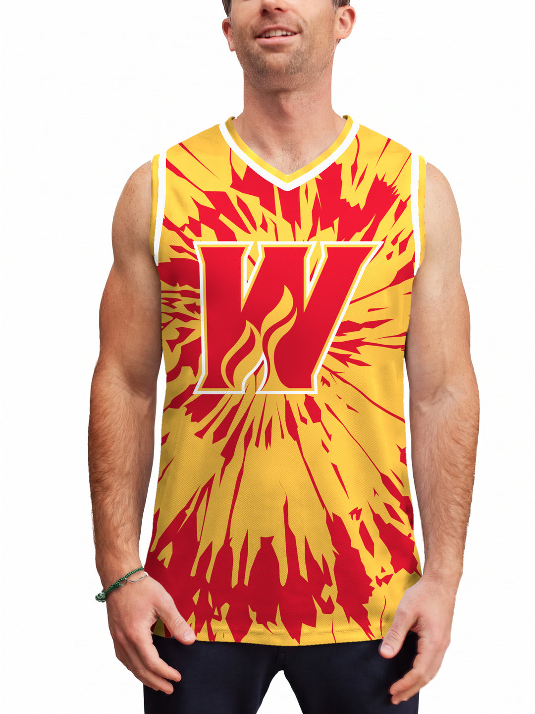 Model wearing the Bench Clearers Calgary Wranglers Tie-Dye Hockey Tank - front view