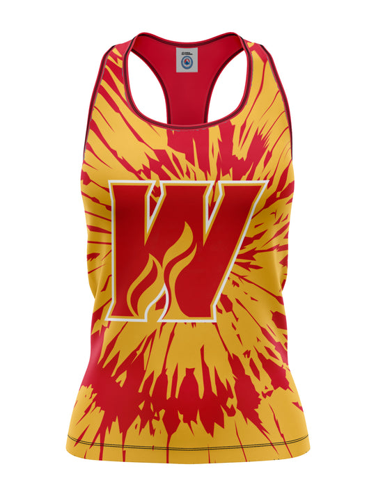 Bench Clearers Calgary Wranglers Tie-Dye Women's Racerback Hockey Tank - 3D FRONT
