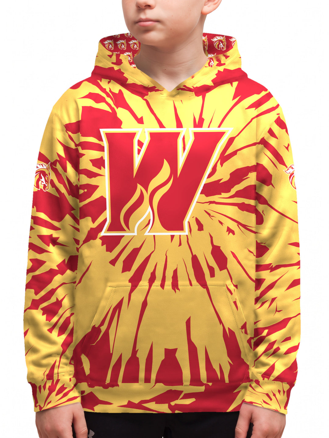 Youth model wearing the Bench Clearers Calgary Wranglers Tie-Dye Youth Hockey Hoodie - front view