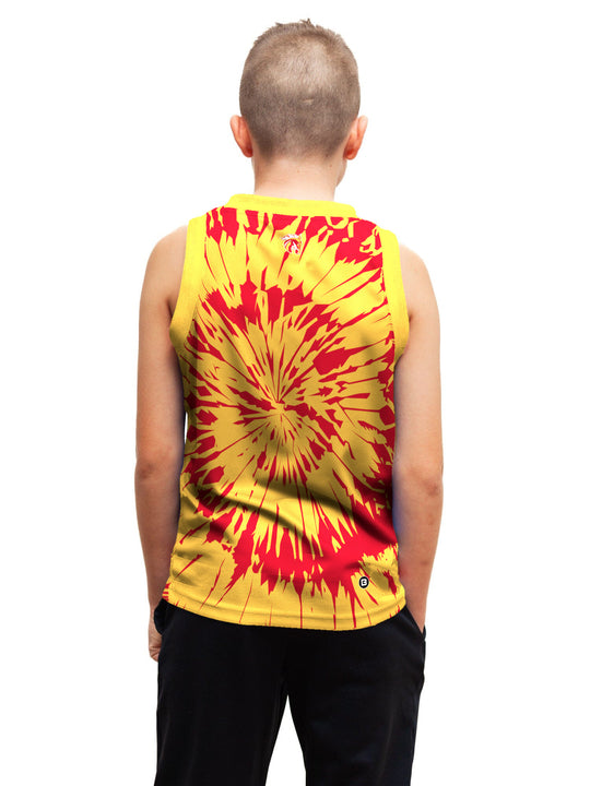 Youth model wearing the Bench Clearers Calgary Wranglers Tie-Dye Youth Hockey Tank - back view