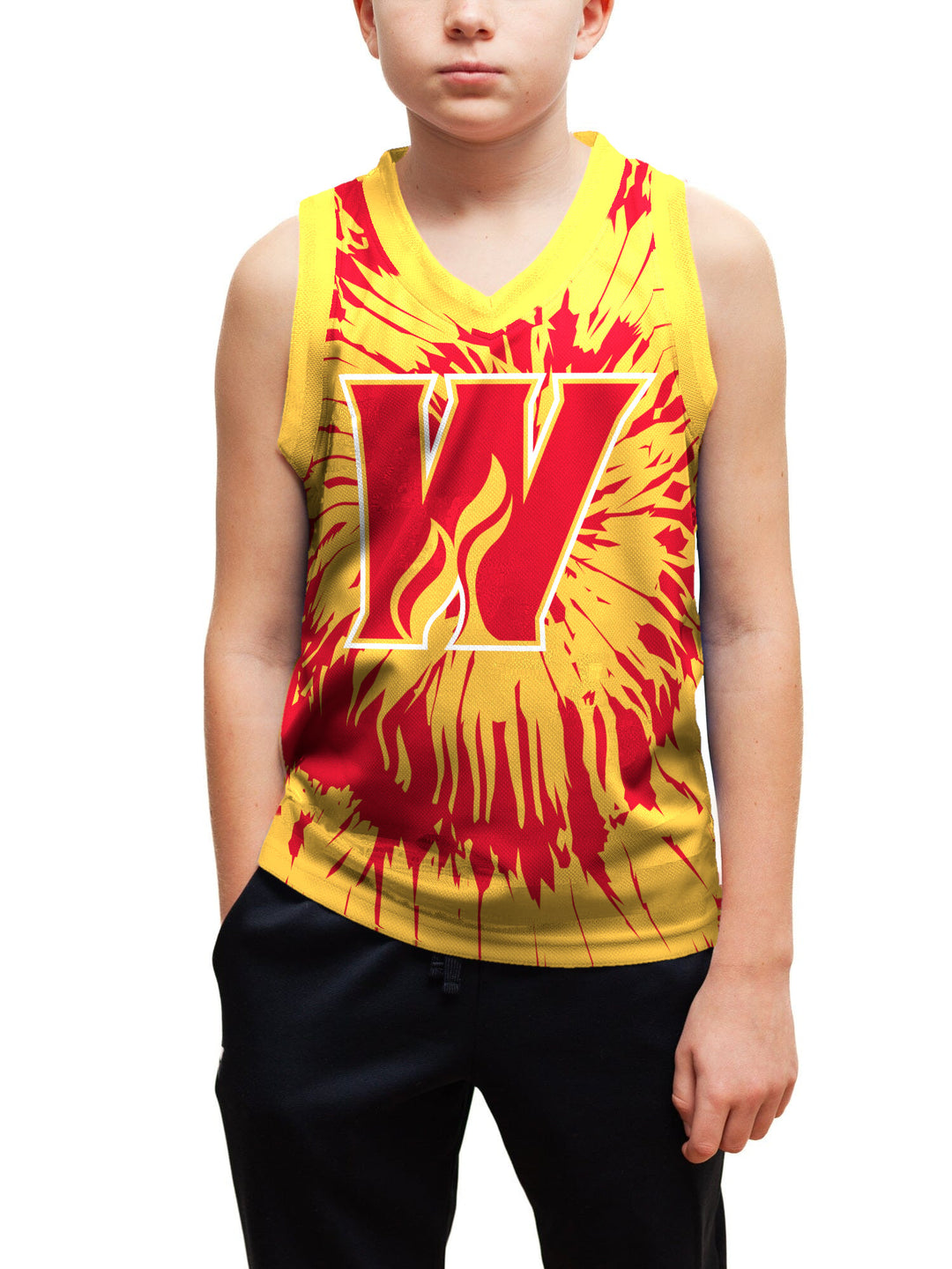 Youth model wearing the Bench Clearers Calgary Wranglers Tie-Dye Youth Hockey Tank - front view, hand in pocket