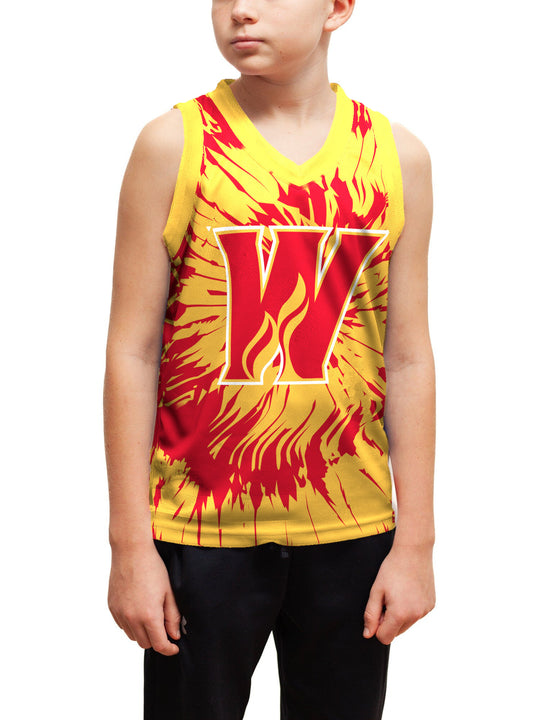 Youth model wearing the Bench Clearers Calgary Wranglers Tie-Dye Youth Hockey Tank - front view