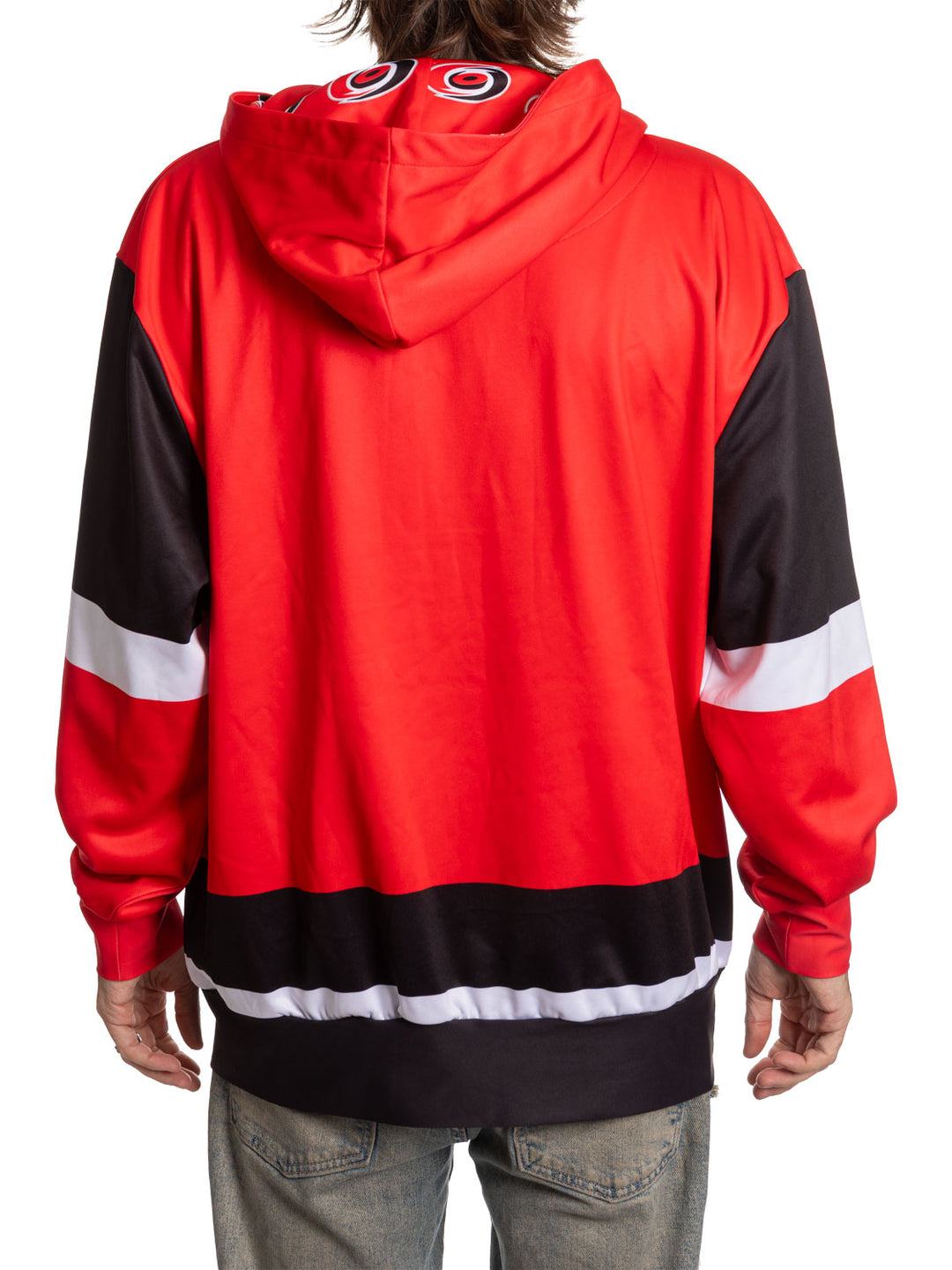 Bench Clearers Carolina Hurricanes "Hockey Lace" Hockey Hoodie - back view: black and white stripes, Canes logo hood lining