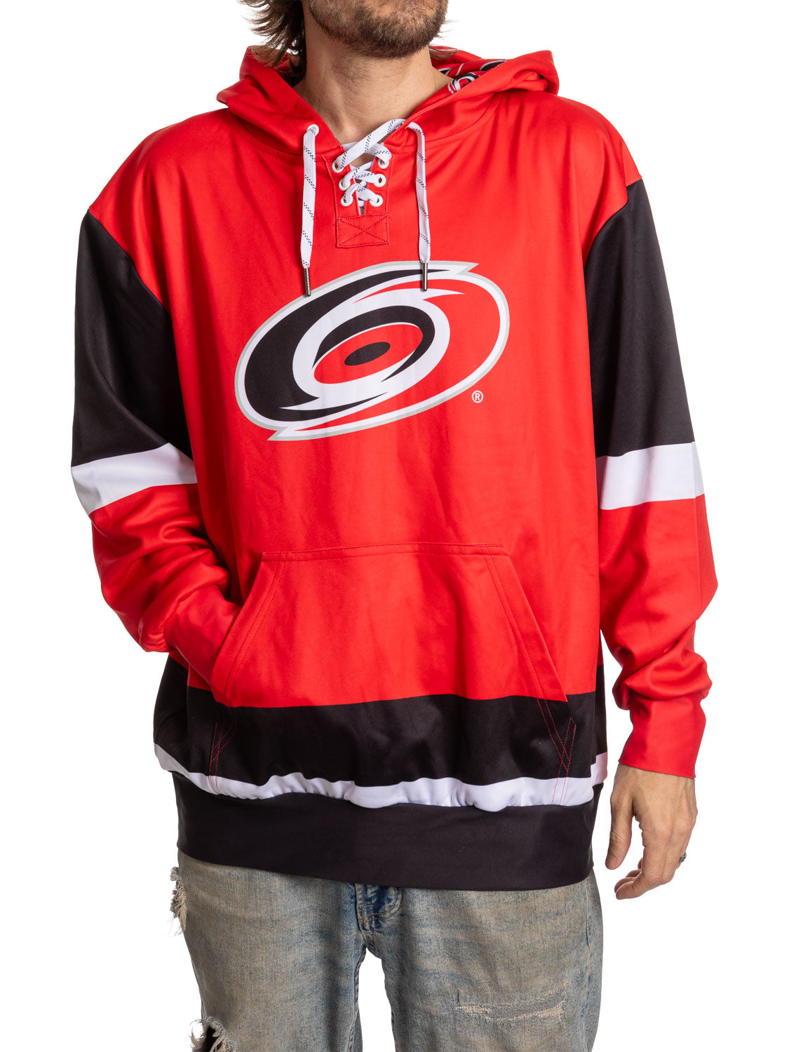 Bench Clearers Carolina Hurricanes "Hockey Lace" Hockey Hoodie - front view: red with black sleeves and lace-up collar