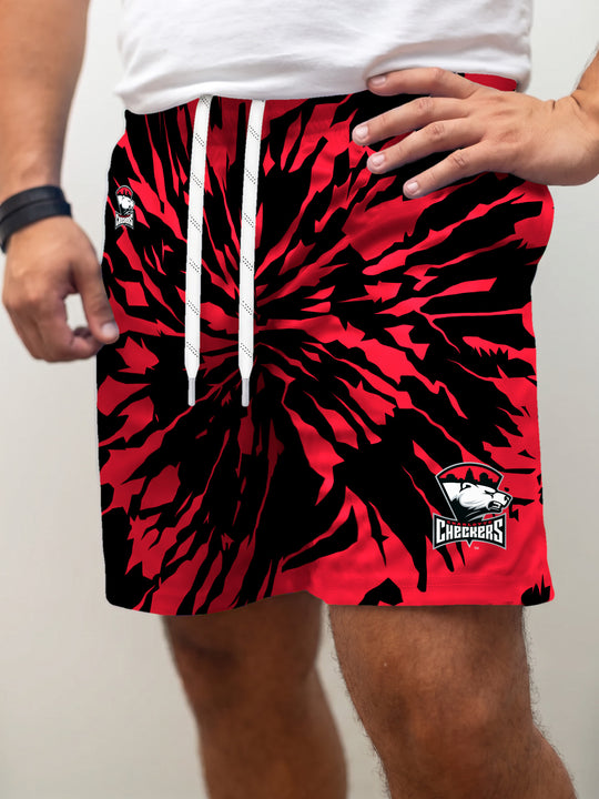 Model wearing the Bench Clearers Charlotte Checkers Tie-Dye Hockey Shorts - front view
