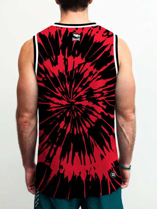Model wearing the Bench Clearers Charlotte Checkers Tie-Dye Hockey Tank - back view