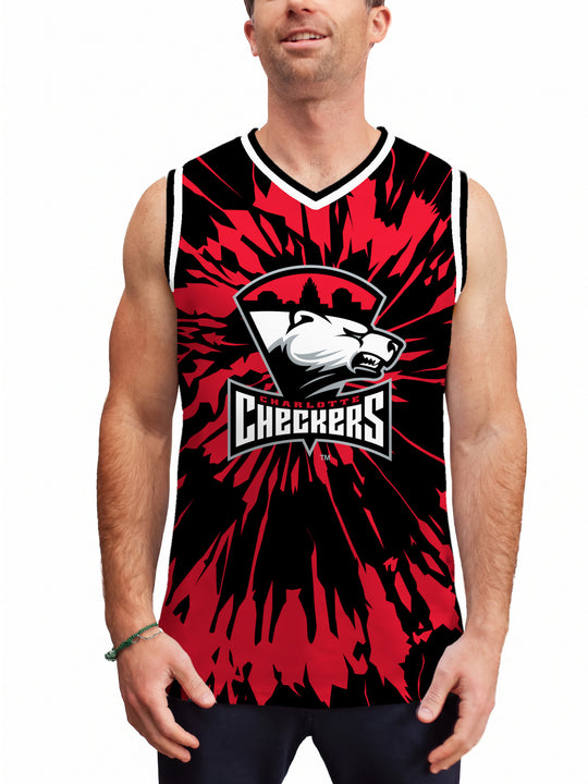 Model wearing the Bench Clearers Charlotte Checkers Tie-Dye Hockey Tank - front view