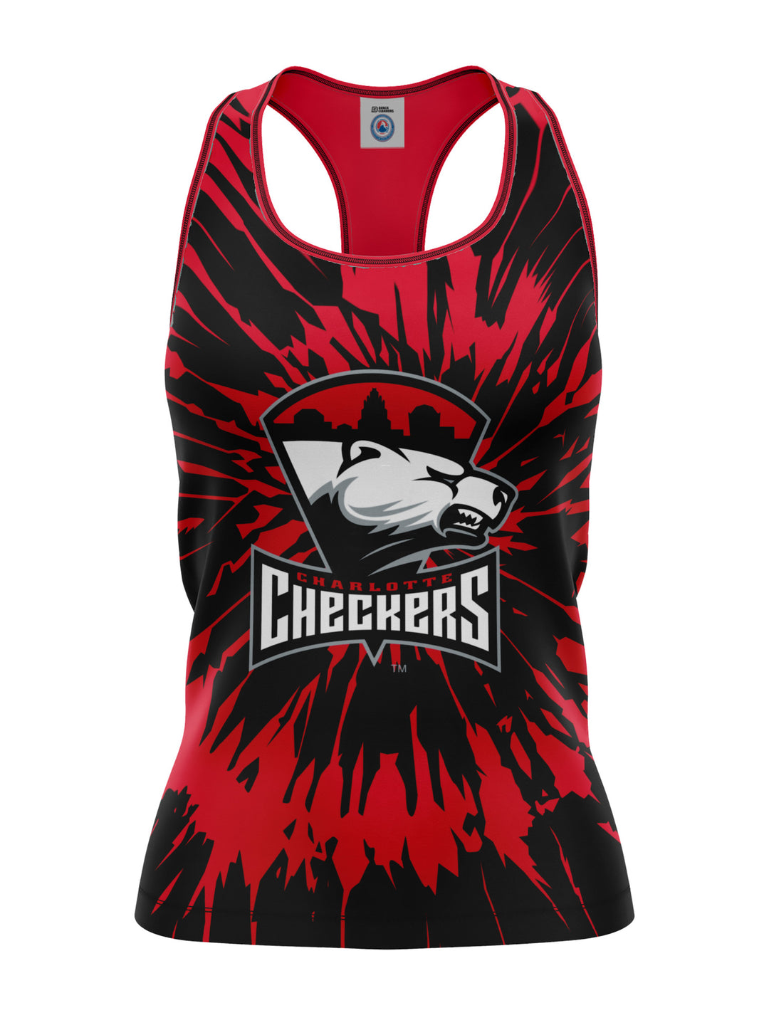 Bench Clearers Charlotte Checkers Tie-Dye Women's Racerback Hockey Tank - 3D FRONT