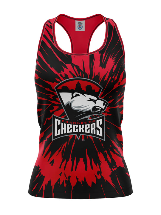 Bench Clearers Charlotte Checkers Tie-Dye Women's Racerback Hockey Tank - 3D FRONT