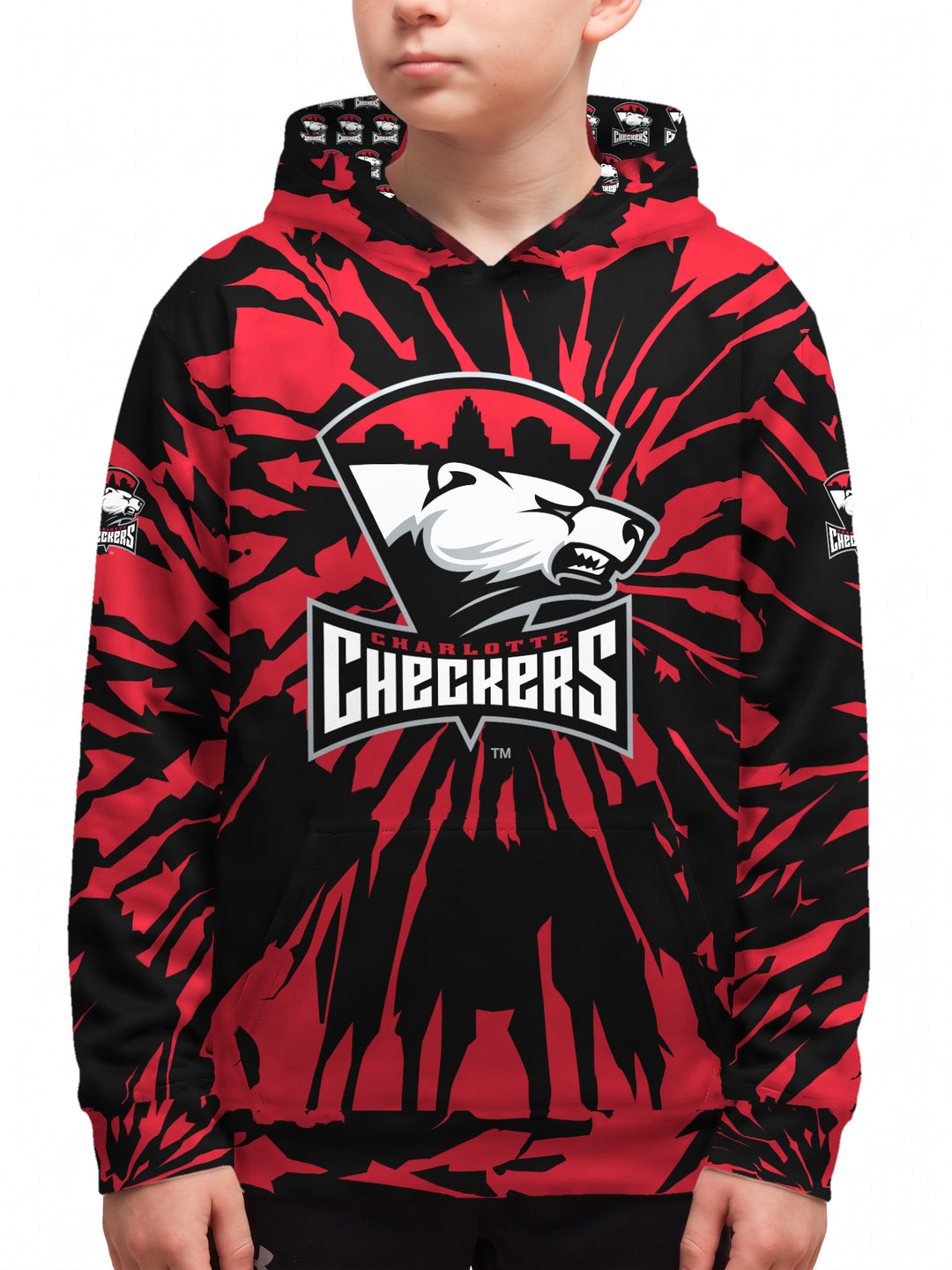 Youth model wearing the Bench Clearers Charlotte Checkers Tie-Dye Youth Hockey Hoodie - front view