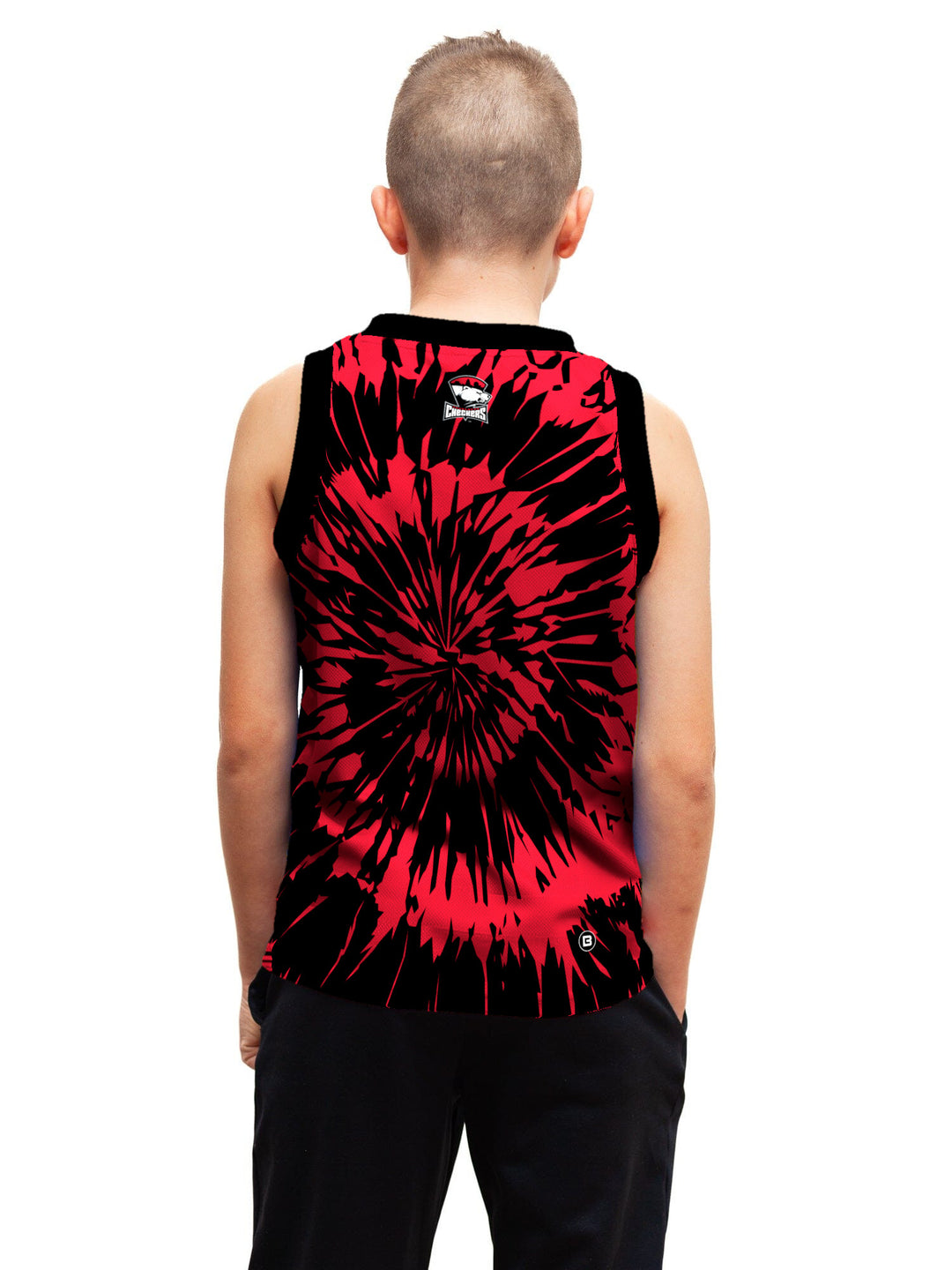 Youth model wearing the Bench Clearers Charlotte Checkers Tie-Dye Youth Hockey Tank - back view