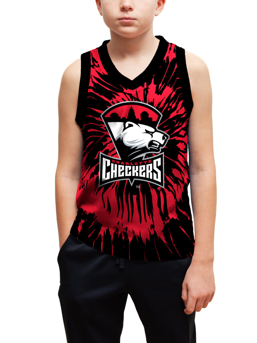 Youth model wearing the Bench Clearers Charlotte Checkers Tie-Dye Youth Hockey Tank - front view, hand in pocket