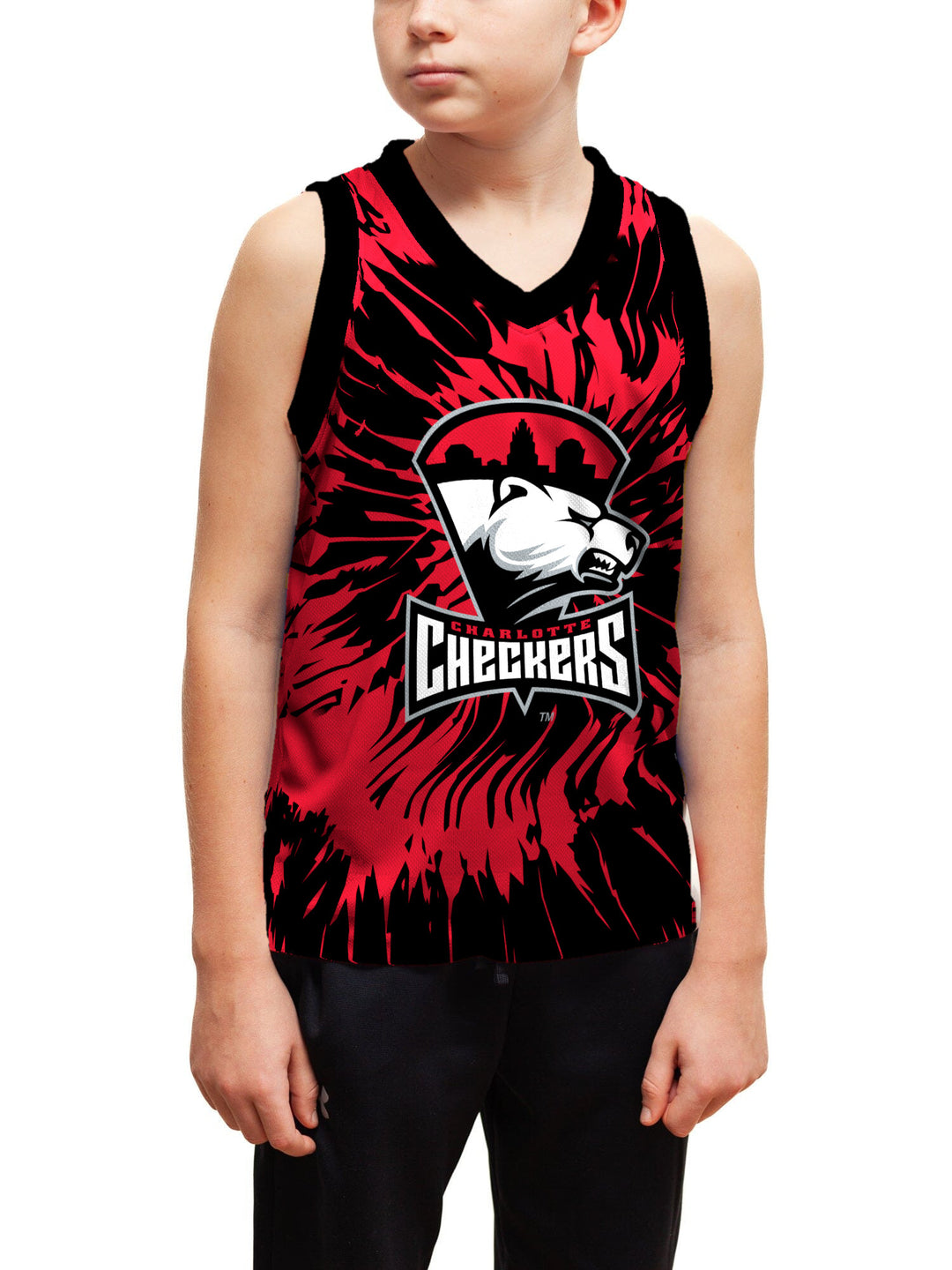 Youth model wearing the Bench Clearers Charlotte Checkers Tie-Dye Youth Hockey Tank - front view