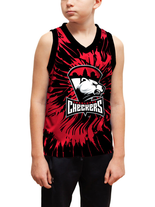 Youth model wearing the Bench Clearers Charlotte Checkers Tie-Dye Youth Hockey Tank - front view