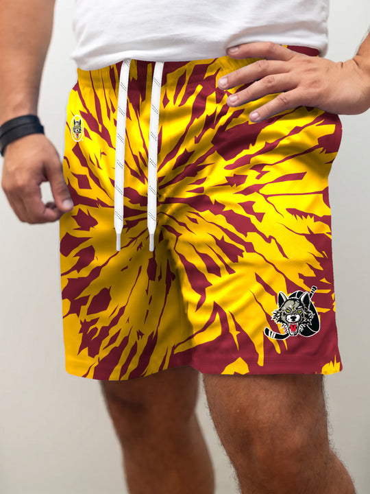 Model wearing the Bench Clearers Chicago Wolves Tie-Dye Hockey Shorts - front view