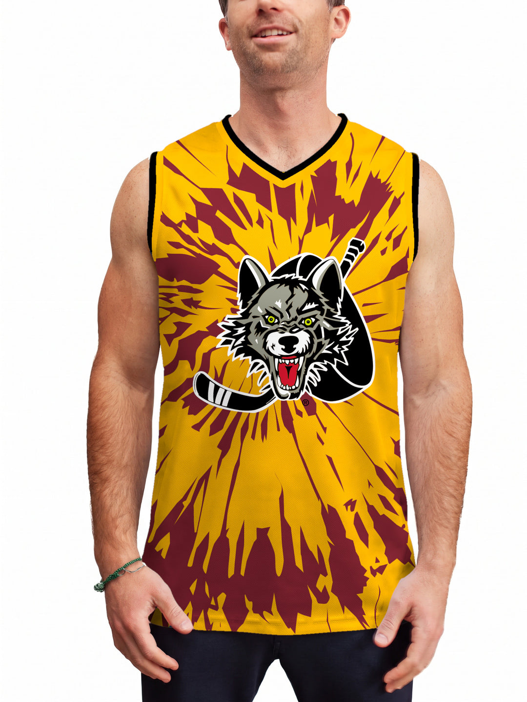 Model wearing the Bench Clearers Chicago Wolves Tie-Dye Hockey Tank - front view