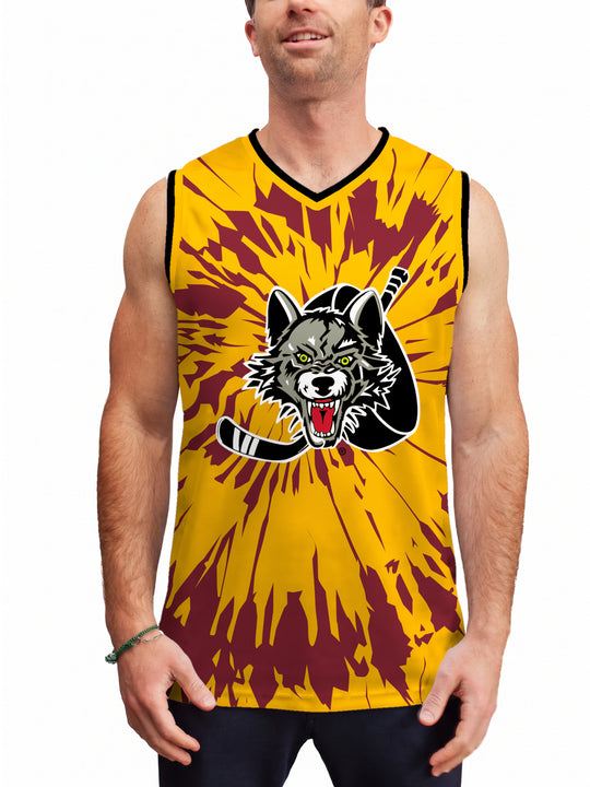 Model wearing the Bench Clearers Chicago Wolves Tie-Dye Hockey Tank - front view