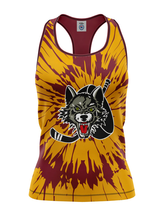 Bench Clearers Chicago Wolves Tie-Dye Women's Racerback Hockey Tank - 3D FRONT