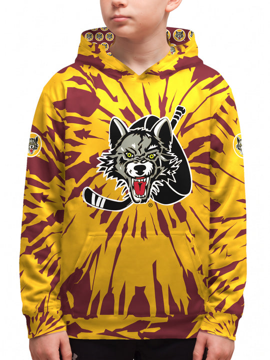 Youth model wearing the Bench Clearers Chicago Wolves Tie-Dye Youth Hockey Hoodie - front view