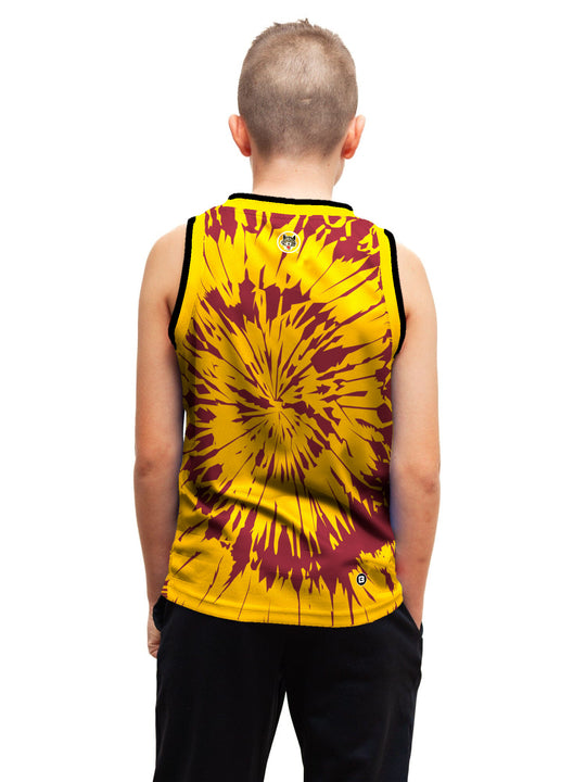 Youth model wearing the Bench Clearers Chicago Wolves Tie-Dye Youth Hockey Tank - back view