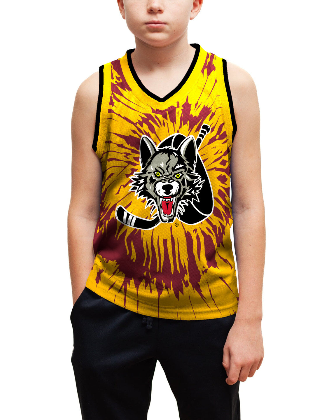 Youth model wearing the Bench Clearers Chicago Wolves Tie-Dye Youth Hockey Tank - front view, hand in pocket