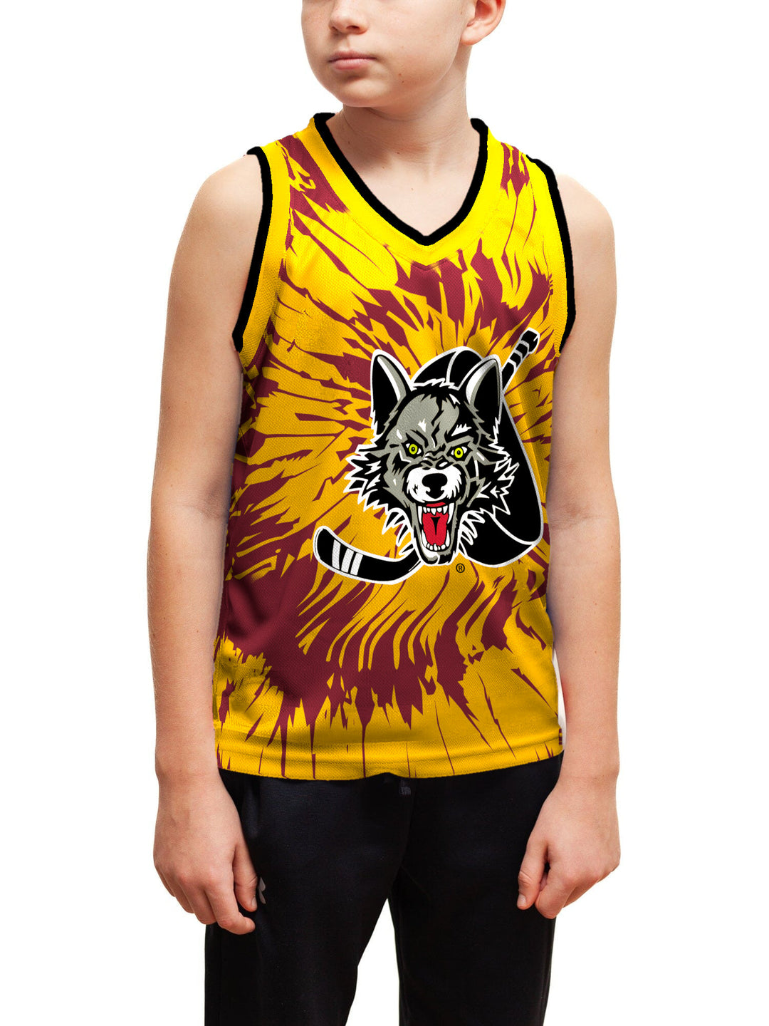 Youth model wearing the Bench Clearers Chicago Wolves Tie-Dye Youth Hockey Tank - front view