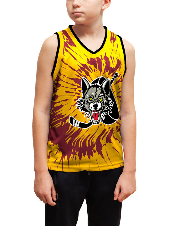 Youth model wearing the Bench Clearers Chicago Wolves Tie-Dye Youth Hockey Tank - front view