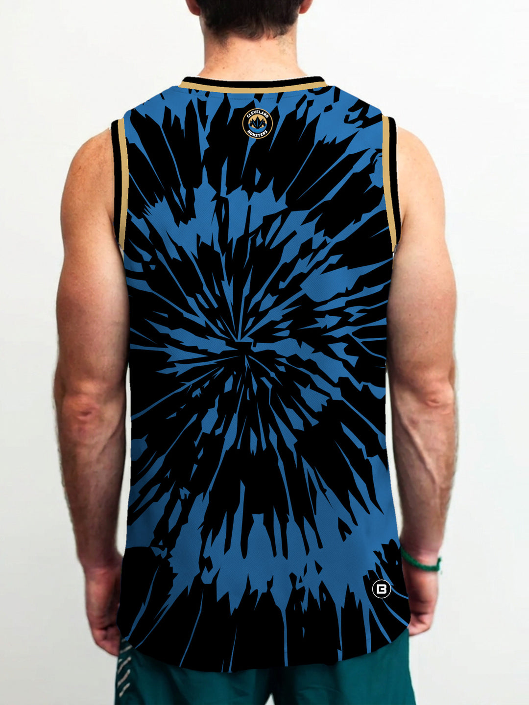 Model wearing the Bench Clearers Cleveland Monsters Tie-Dye Hockey Tank - back view