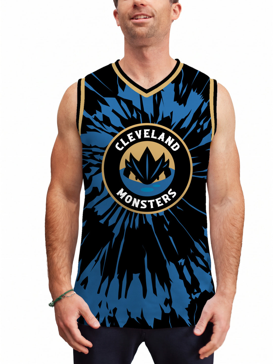 Model wearing the Bench Clearers Cleveland Monsters Tie-Dye Hockey Tank - front view