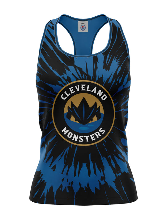 Bench Clearers Cleveland Monsters Tie-Dye Women's Racerback Hockey Tank - 3D FRONT