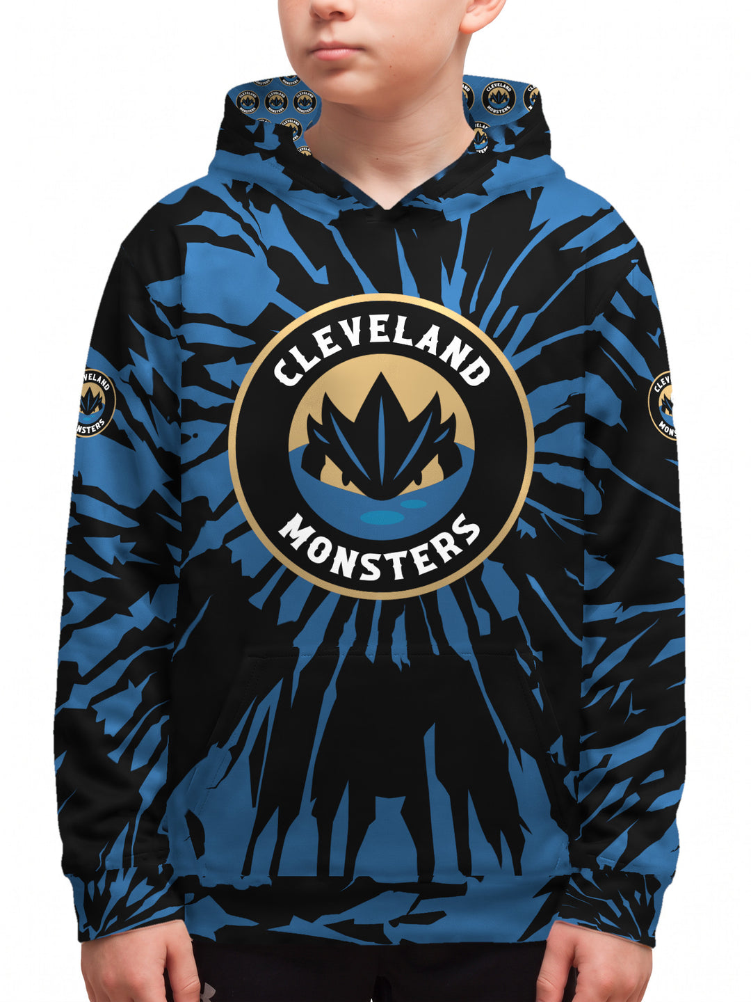 Youth model wearing the Bench Clearers Cleveland Monsters Tie-Dye Youth Hockey Hoodie - front view