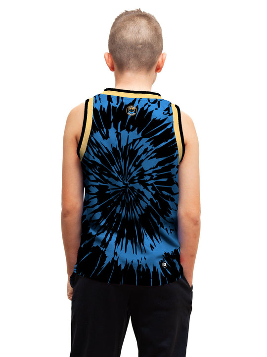Youth model wearing the Bench Clearers Cleveland Monsters Tie-Dye Youth Hockey Tank - back view