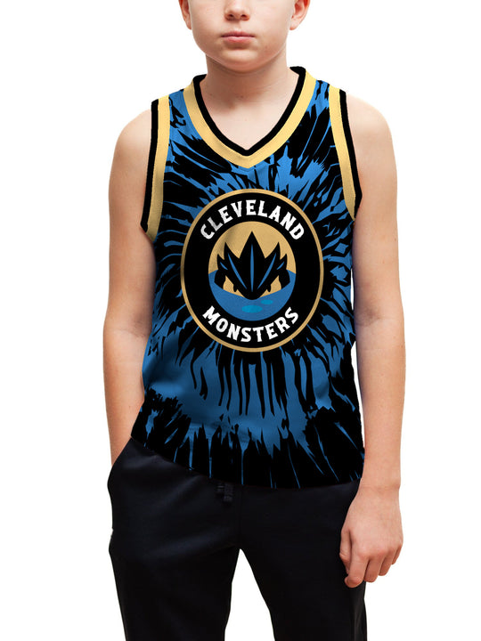 Youth model wearing the Bench Clearers Cleveland Monsters Tie-Dye Youth Hockey Tank - front view, hand in pocket