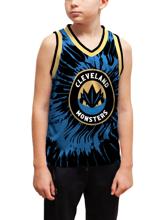 Youth model wearing the Bench Clearers Cleveland Monsters Tie-Dye Youth Hockey Tank - front view
