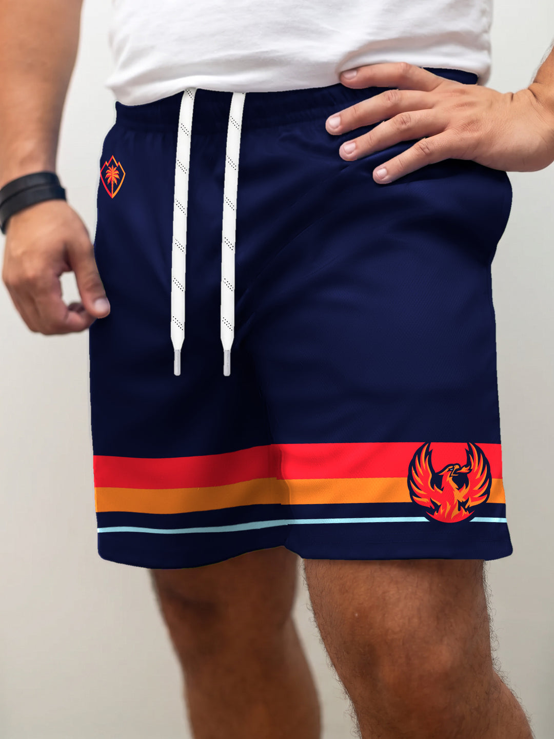 Model wearing the Bench Clearers Coachella Valley Firebirds Hockey Shorts - front view