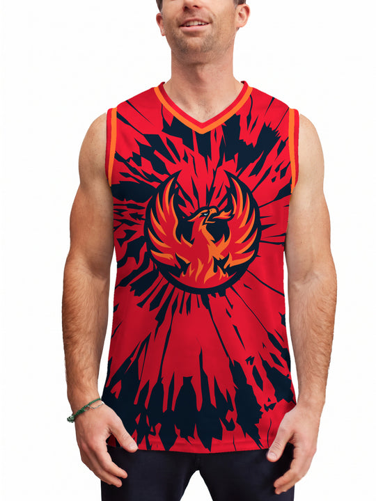 Model wearing the Bench Clearers Coachella Valley Firebirds Tie-Dye Hockey Tank - front view