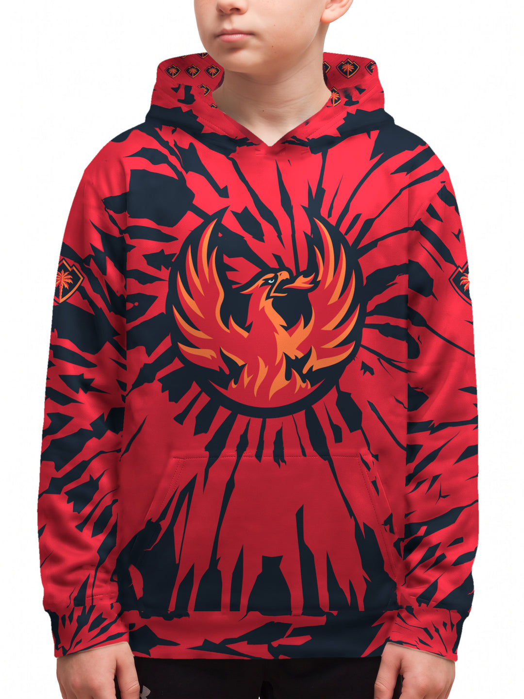 Youth model wearing the Bench Clearers Coachella Valley Firebirds Tie-Dye Youth Hockey Hoodie - front view
