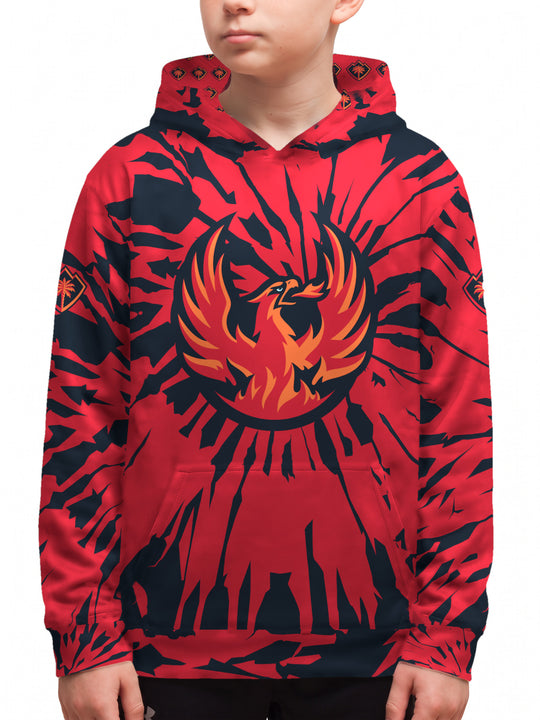 Youth model wearing the Bench Clearers Coachella Valley Firebirds Tie-Dye Youth Hockey Hoodie - front view