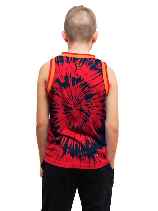 Youth model wearing the Bench Clearers Coachella Valley Firebirds Tie-Dye Youth Hockey Tank - back view