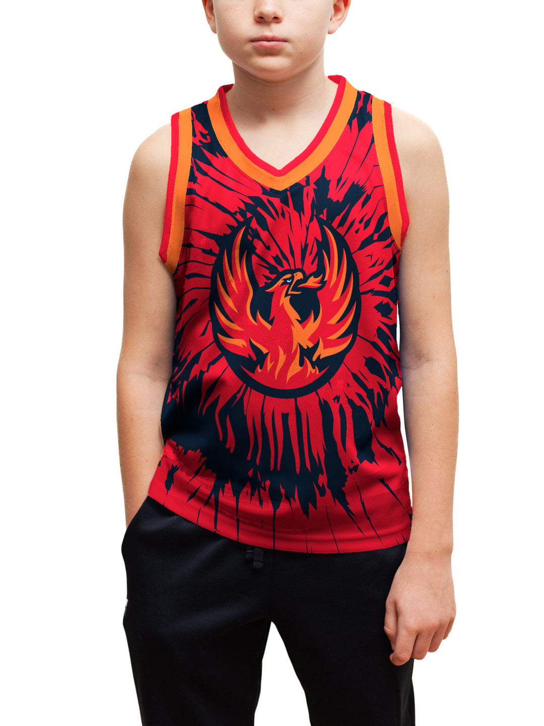 Youth model wearing the Bench Clearers Coachella Valley Firebirds Tie-Dye Youth Hockey Tank - front view, hand in pocket