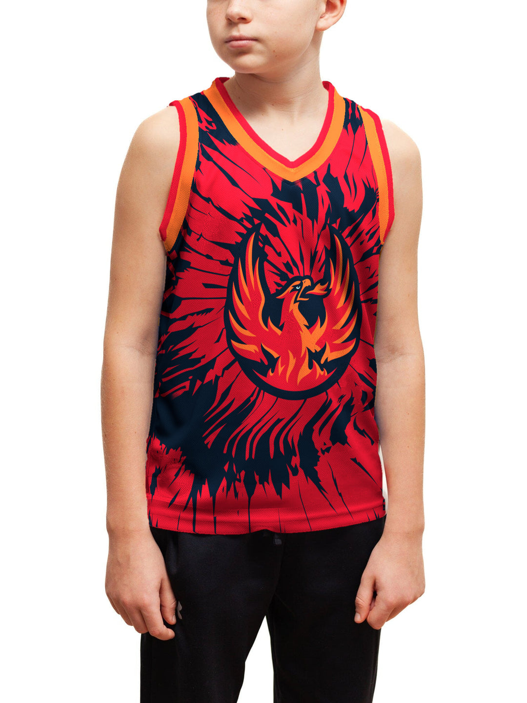Youth model wearing the Bench Clearers Coachella Valley Firebirds Tie-Dye Youth Hockey Tank - front view